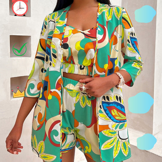 Summer Fashion Printed Waist-controlled All-match Top Three-piece Suit