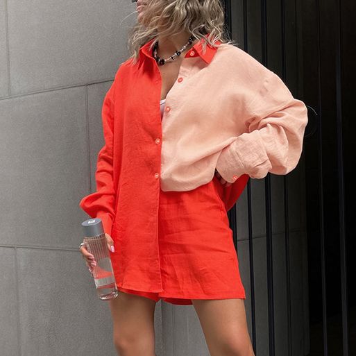 Women's Fashion Casual Contrast Color Long Sleeve Shirt Shorts Suit