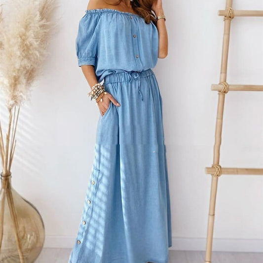 Women's Fashionable Simple Pure Blue Off-shoulder Denim Skirt