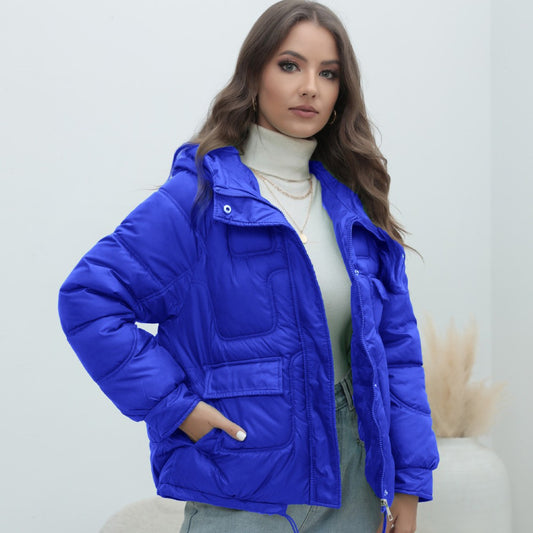 Down Cotton-padded Coat For Women Thickened Bright Color Stand Collar